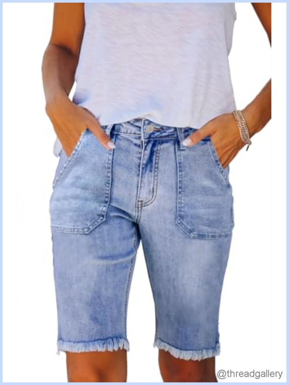 Frayed Raw Hem Jean Shorts Mid Waist Stretchy Denim Summer Casual